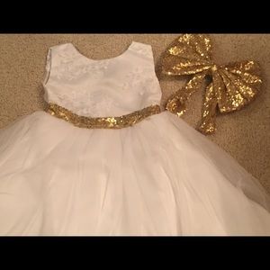 Chiffon Tulle Lace Dress with Sequined Belt & Bow